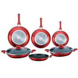 Herzberg 8 Pieces Marble Coated Frying Pan Set Red