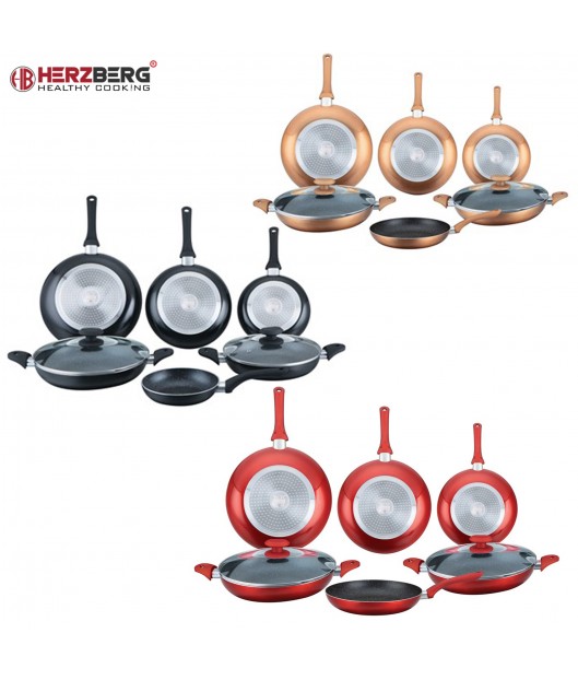 Herzberg 8 Pieces Marble Coated Frying Pan Set Red